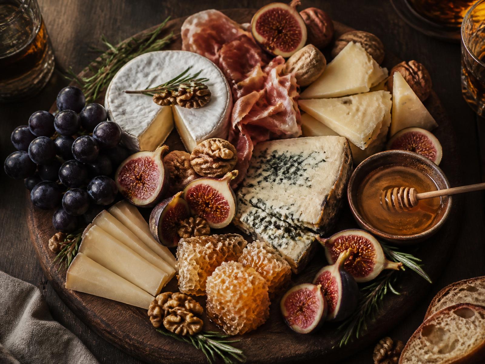 A handcrafted artisan charcuterie board with cheeses, cured meats, fruits and nuts